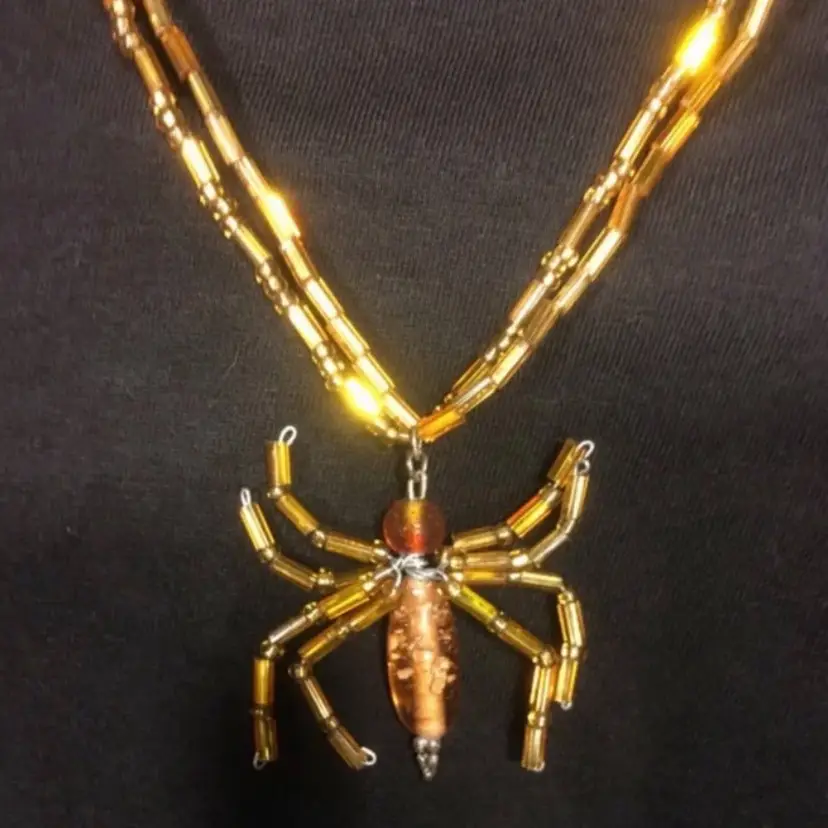 Goldtone Yellow Spider Bead Pendant Necklace Halloween Jewelry OOAK Handmade