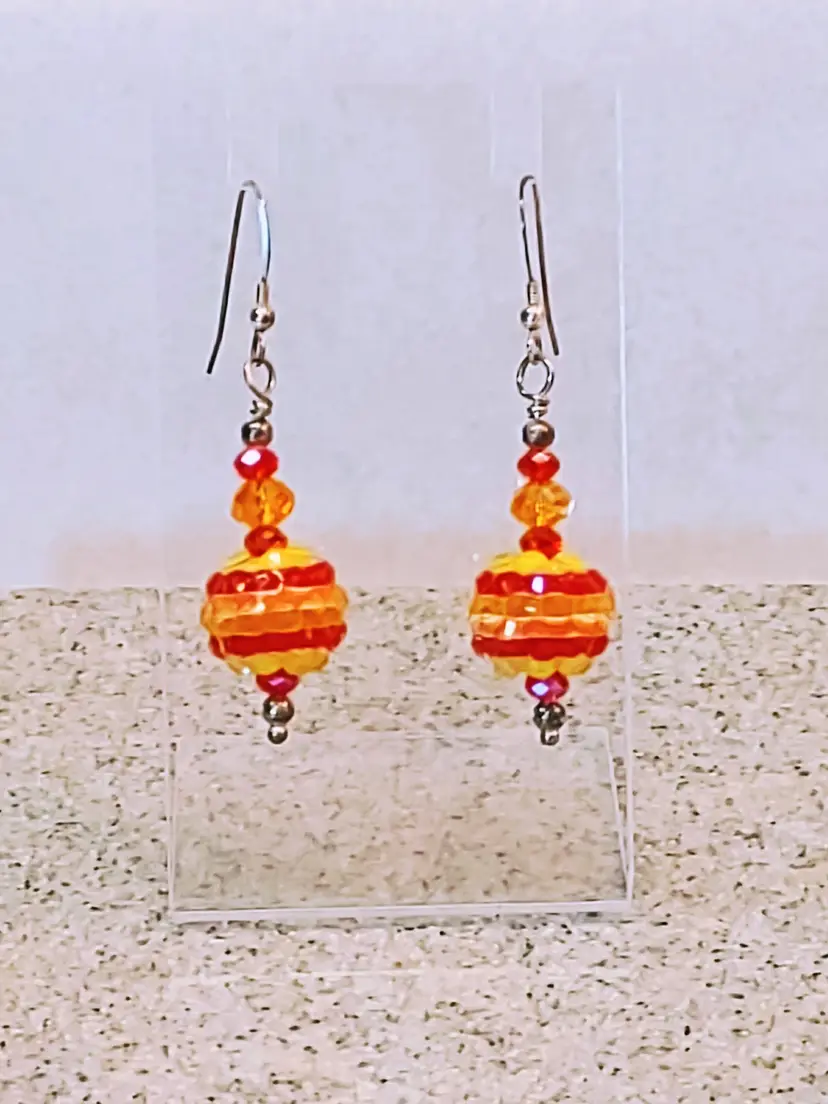 MCM BEADED RED, ORANGE & YELLOW SILVER HOOK CHANDELIER EARRINGS