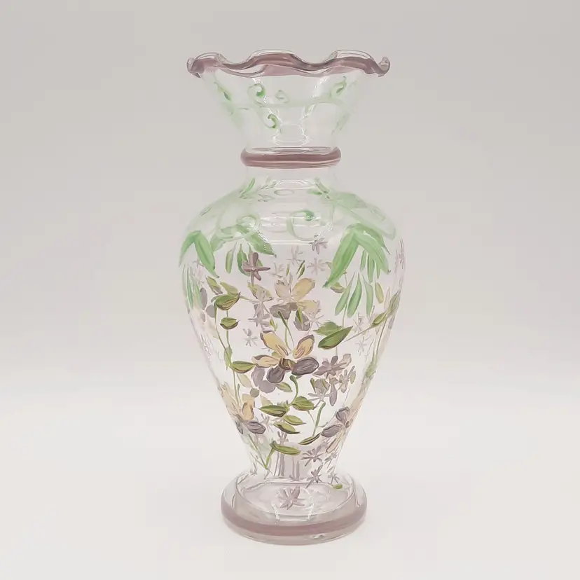 Tracy Porter Handpainted Lavender Purple Green Floral Ruffled Rim Vase