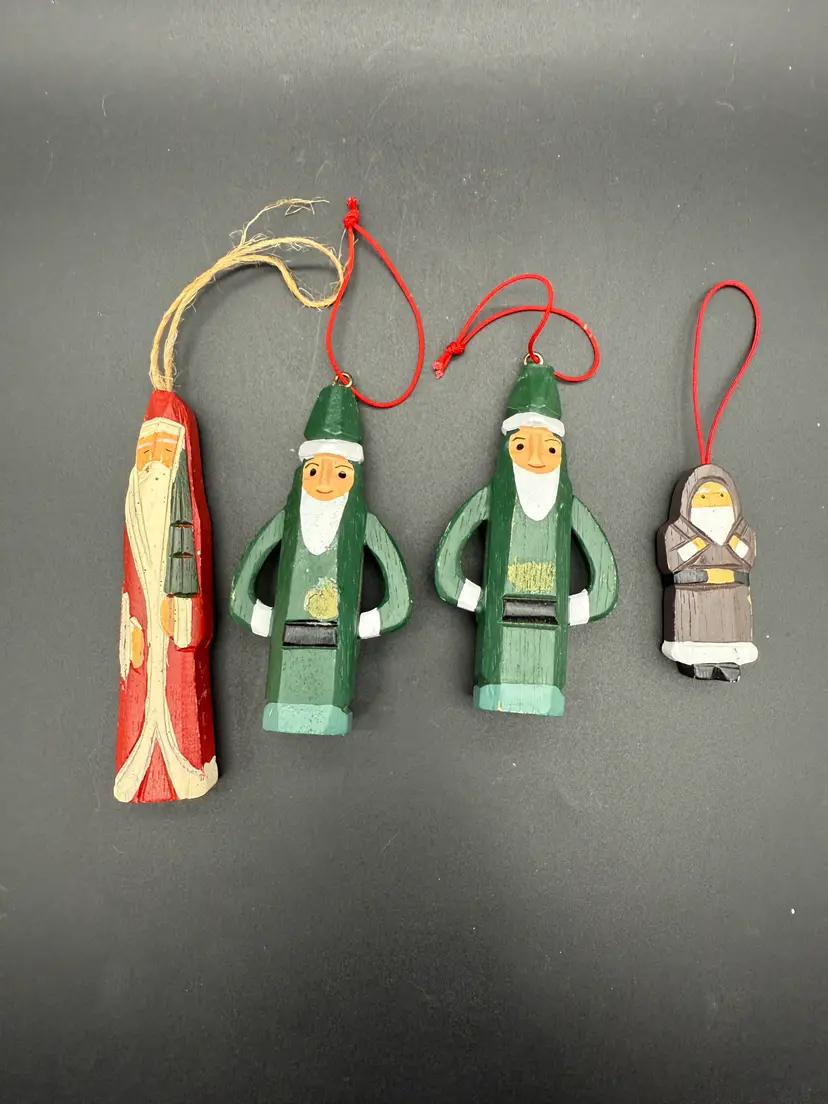 Lot of 4 Vintage Wooden Christmas Ornaments Santa Elf
