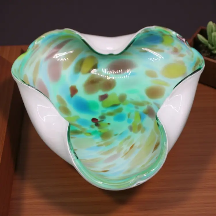 Tutti Frutti Teal Green Cased White Trifold Bowl 8”x7 1/2”x2”