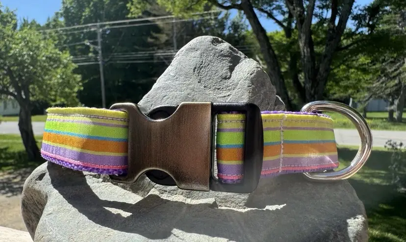 Dog Collar Rainbow Large Handmade Heavy Duty Striped With Buckle NEW