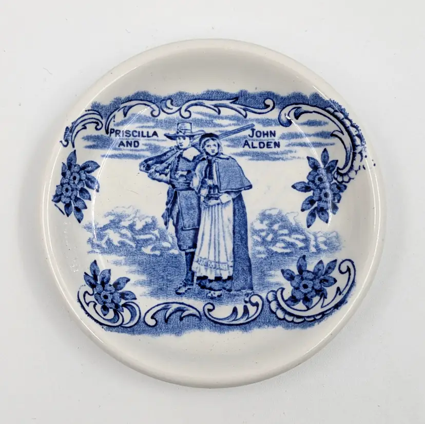 Vintage Butter Pat Plate Staffordshire Ware Priscilla and John Alden Blue Transferware