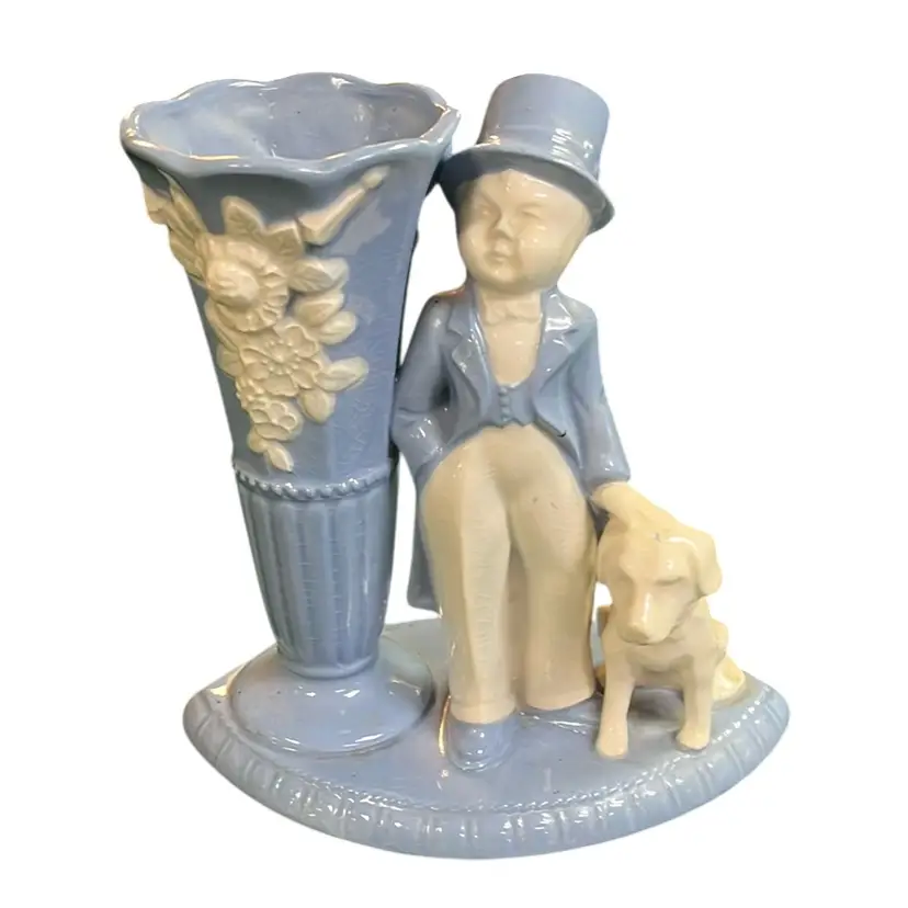 Art Deco Elegant Boy And His Dog Blue & Cream Vase
