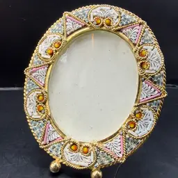 Italian Micro Mosaic Pink & Blue Gold Tone Mini Picture Frame 2.75”