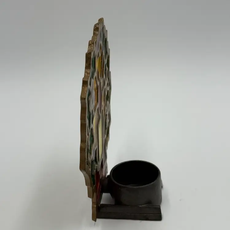 Christmas Stained Glass Cast Iron Vintage Tealight Holder Holly & Berries Wreath