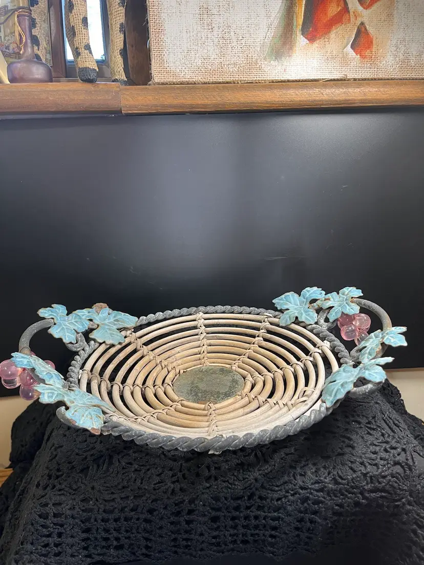 13" Metal, with resin (?) grapes and Bamboo Bowl