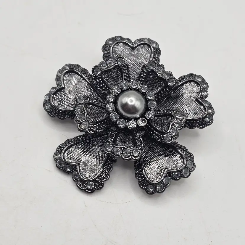 Silver Tone Brooch Pin Floral Design With Faux Pearl And Rhinestones Estate Find
