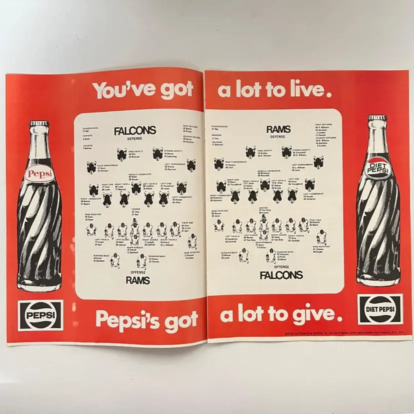 1972 Atlanta Falcons Los Angeles Rams Pepsi Advertising Vintage 1970s
