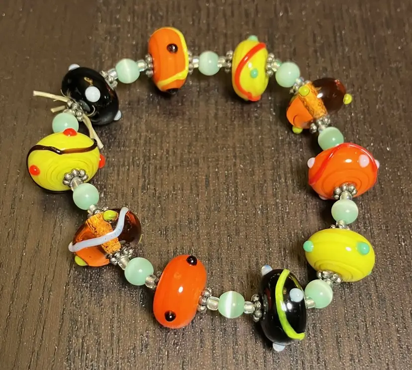 Lampwork Glass Bead Bracelet Orange Yellow Black