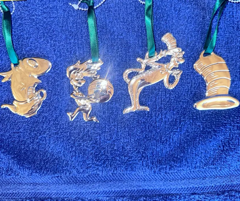 NEW Vintage Cat In The Hat Christmas Tree Ornament Dr Seuss Silver Plated Set