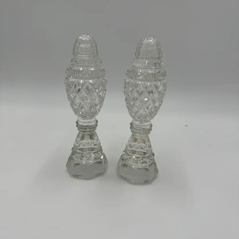 Antique Bohemian Czech Cut Glass Pedestal Salt & Pepper Shakers 6”H