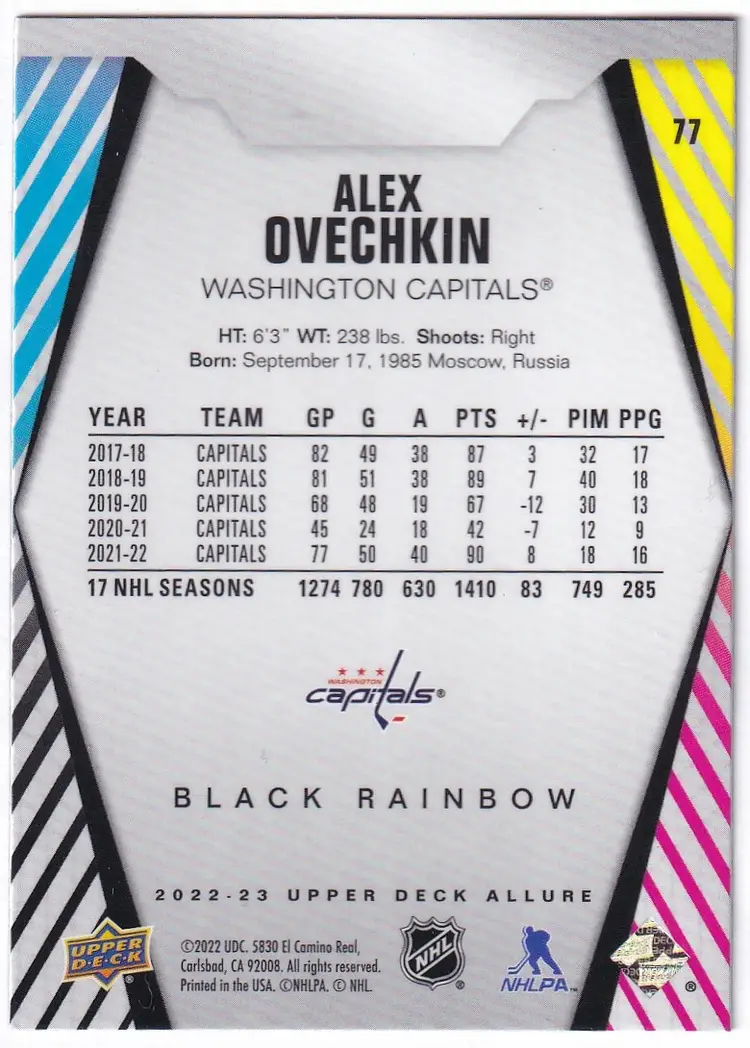 2022-23 Upper Deck Allure Black Rainbow #77 Alex Ovechkin Washington Capitals Hockey Card