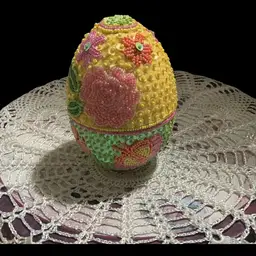 Beautiful Floral Butterfly Spring Easter Egg Trinket Box. Glass Beaded & Sequined In Pastels Colors. Opens Up With A Satin Like Ribbon That Connects Lid Too Bottom Half . With Soft Yellow Lining.