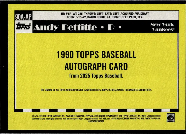 2025 Topps 35th Anniversary Andy Pettitte Auto 1990 90A-AP