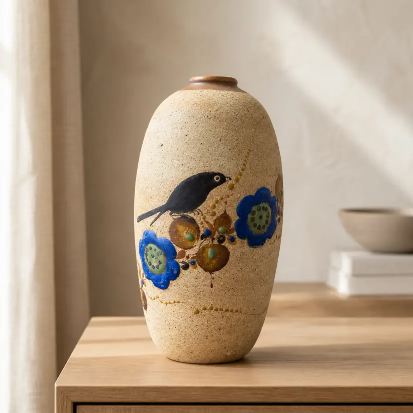 Tonala Mexico Sandstone Pottery Vase w/ Bird & Floral Design, 8.5"