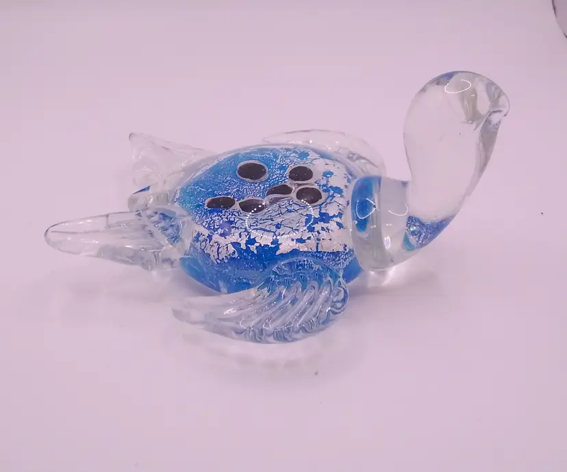 Vintage Art Glass Turtle (paper weight) Blue & Clear Glass with abstract design