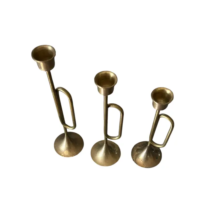 Set of 3 Vintage Solid Brass Trumpet Candlestick Holders