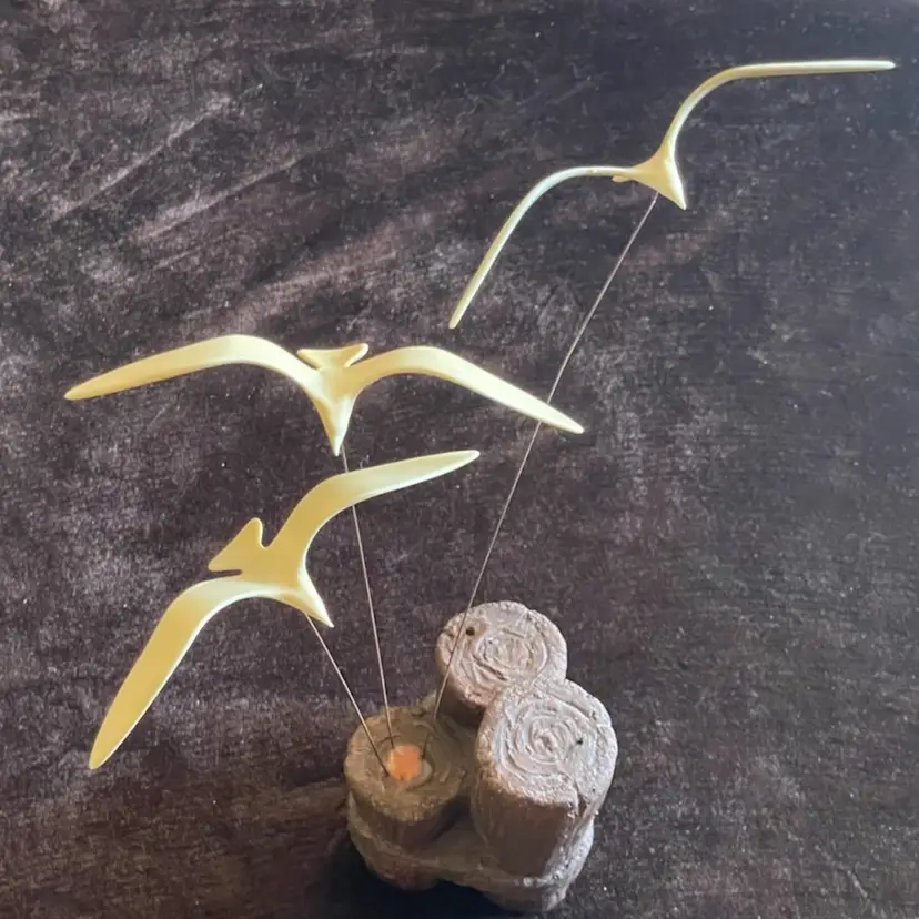 1970s Kinetic Birds Sculpture Moving Wire Plastic Seagulls Nautical Beach House