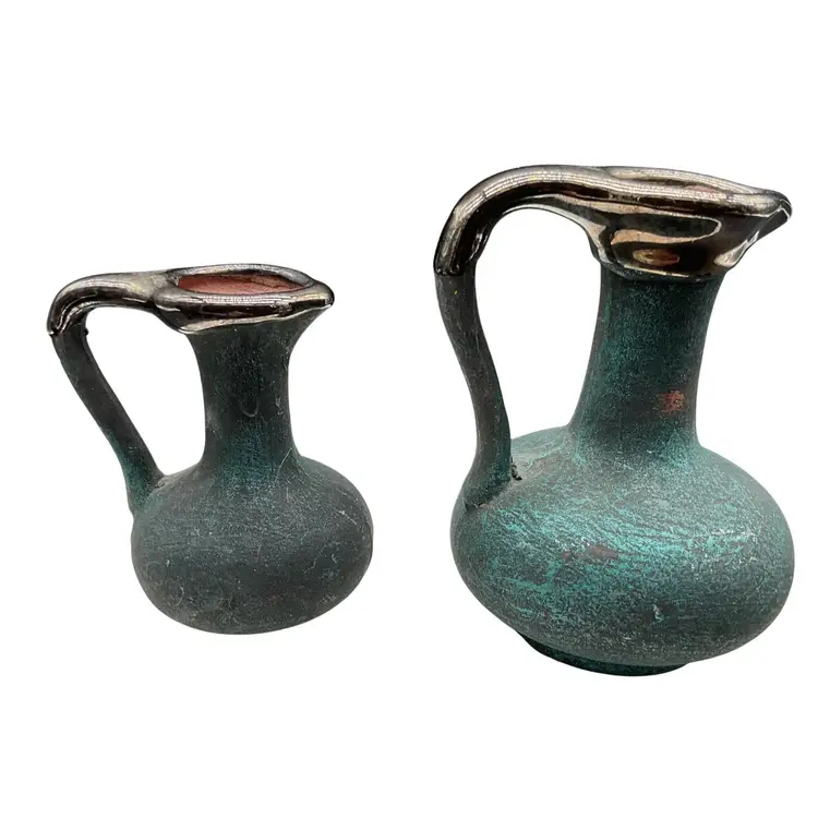 Vintage Pair Of Mini Jugs Pitchers Mid East Egyptian Style Ceramic & Metal