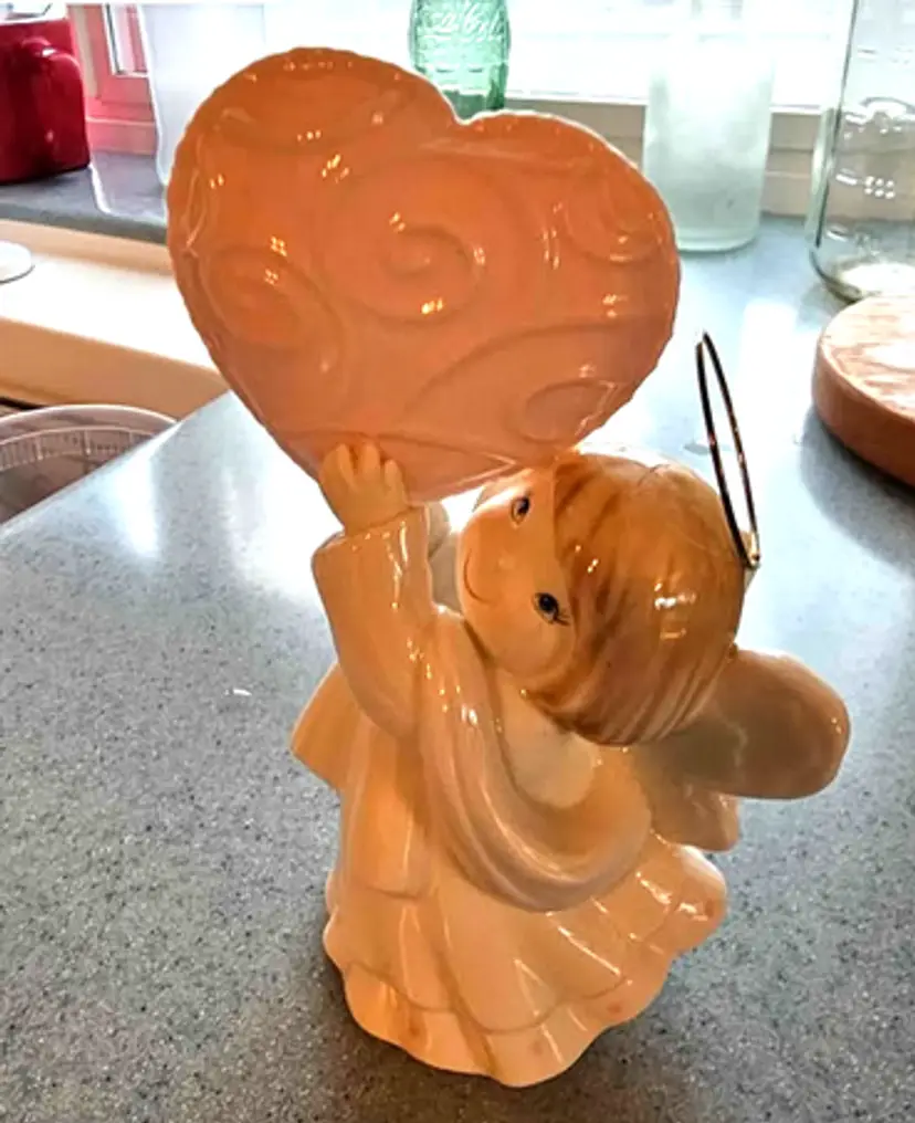 Angel Holding Pink Heart, Ceramic with Wire Halo