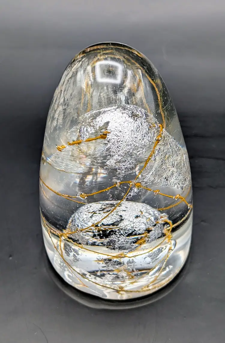 Vintage Colleen Ott Paperweight, Clear with Gold & Silver Spun Detailing. Signed