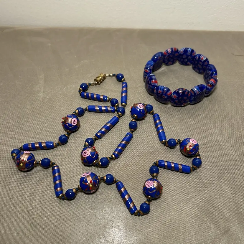 Vintage Murano Cobalt Blue Venetian Hand Painted Birthday Cake Glass Beaded Necklace