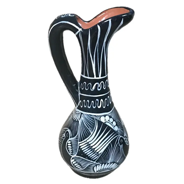Mexican Pottery Pitcher Black White Bird Jug Vase Folk Art Cultural Southwestern