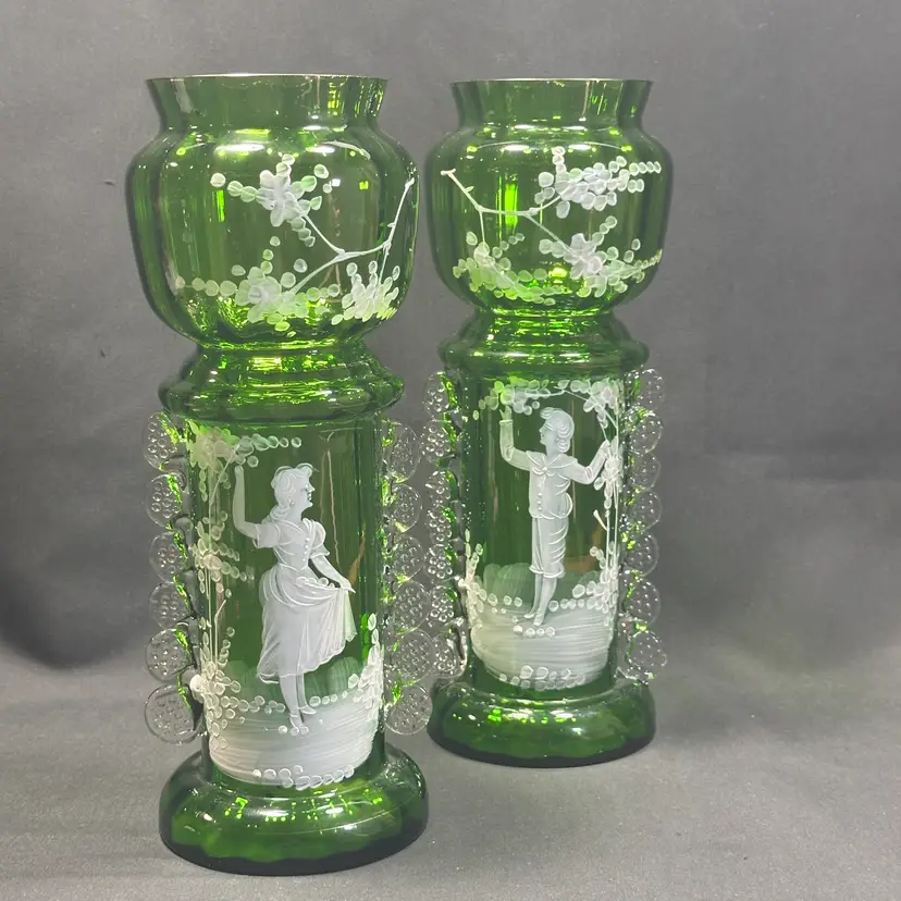 Antique Set of Mary Gregory Hand Designed and Painted, Green Glass Victorian Boy/Girl, 10" Tall  Vases