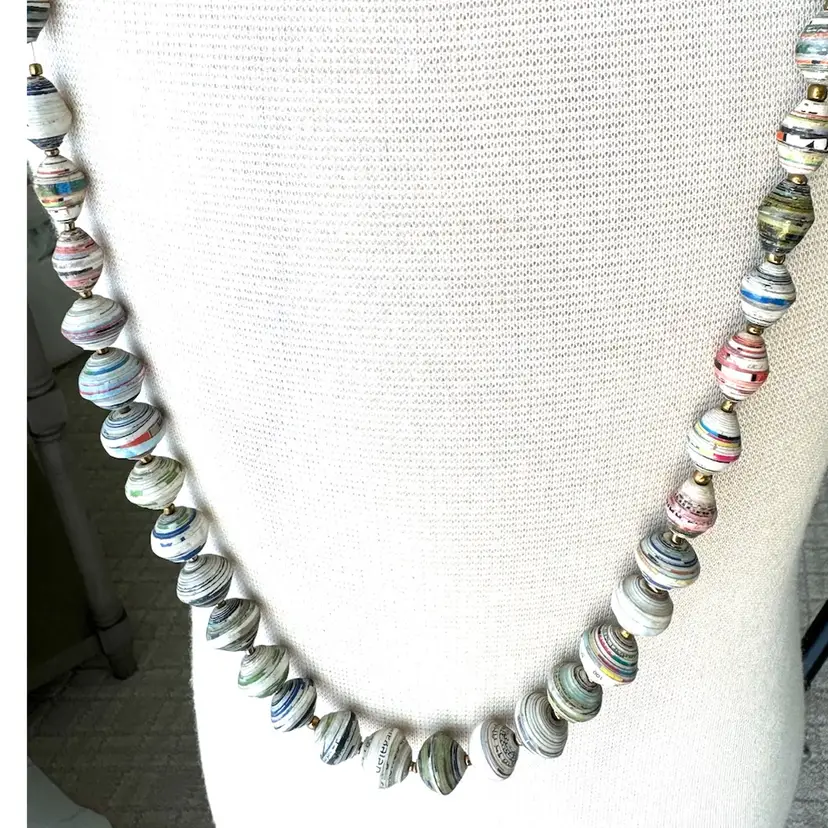 Unique Multi Colored And Size Recycled Paper Handmade Beaded Necklace By Abandoned Wives And Widows Of Uganda For Schools For Children 33”.  #58