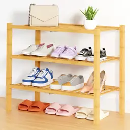 Shoe Rack, 3 Tier Bamboo Shoe Organizer, Stackable Free Standing Wooden