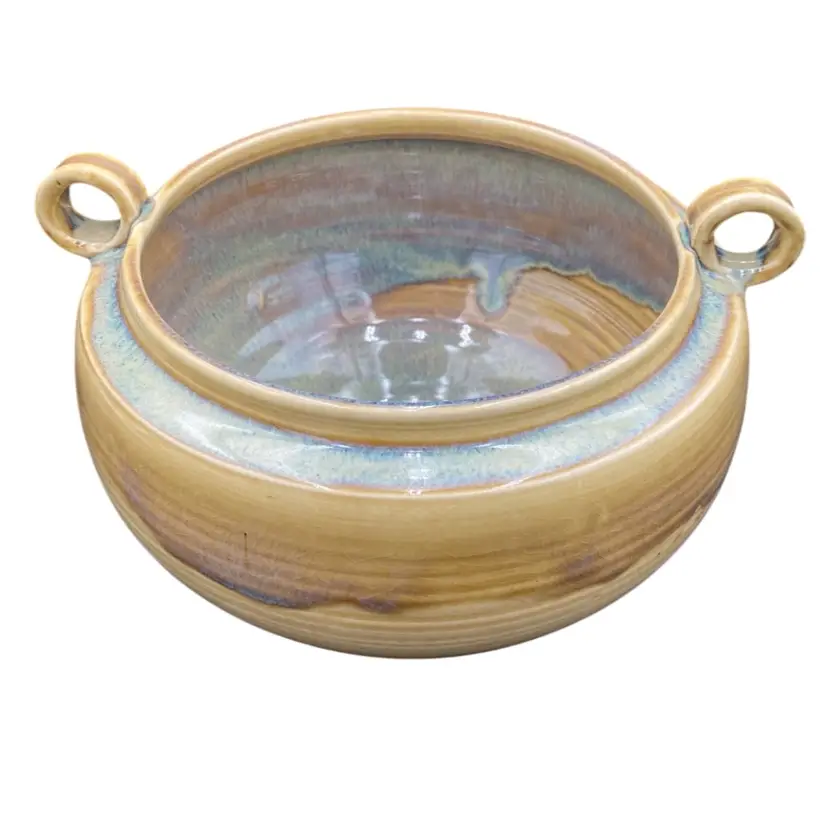 Handmade Studio Pottery Bowl, Two Loop Handles, Beautiful Drip Glaze, Signed