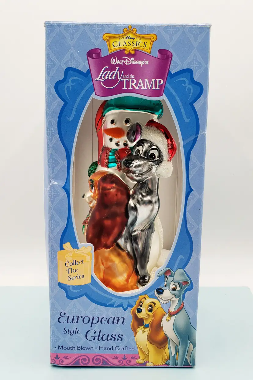 Disney Lady and the Tramp Mouth Blown Glass Ornament 1999 Vintage Santa's Best. In original box and packaging.