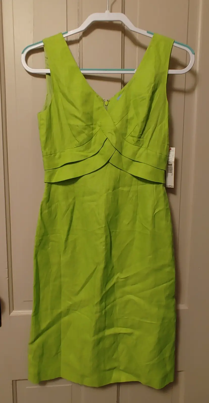Dress- Brand: Antonio Melani. Size 2. NWT. Retail $159. Lime green dress. Material: Shell- 52% linen, 48% rayon. Lining- 100% acetate. No callouts.