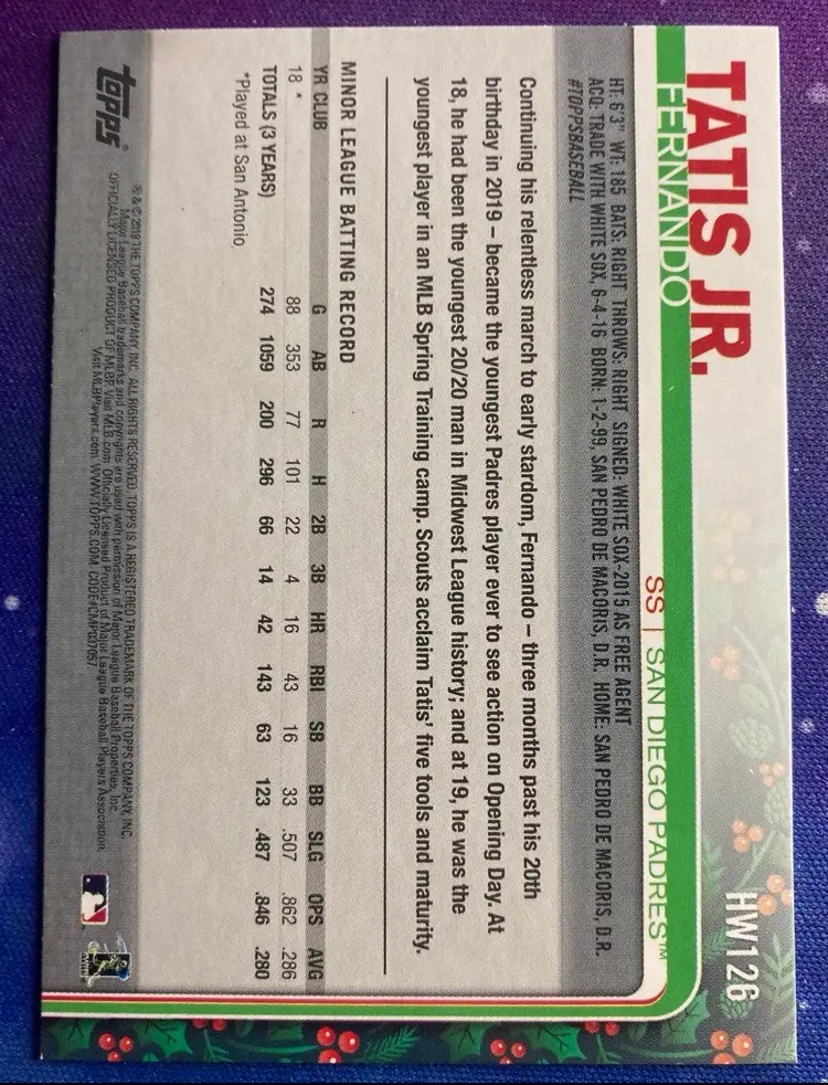 2019 Fernando Tatis Jr. Topps Holiday #HW126 San Diego Padres RC