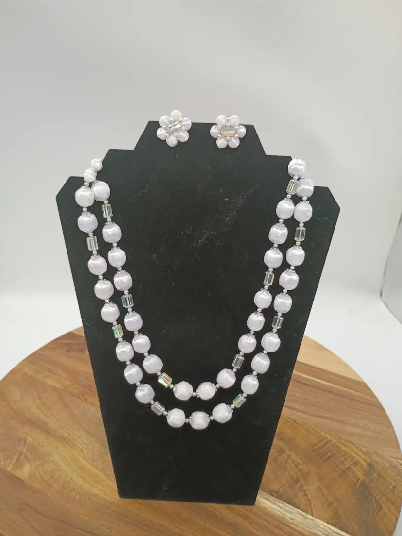 VTG JAPAN Double Strand White Faceted Clear Bead Necklace & Matching Clip Earrings