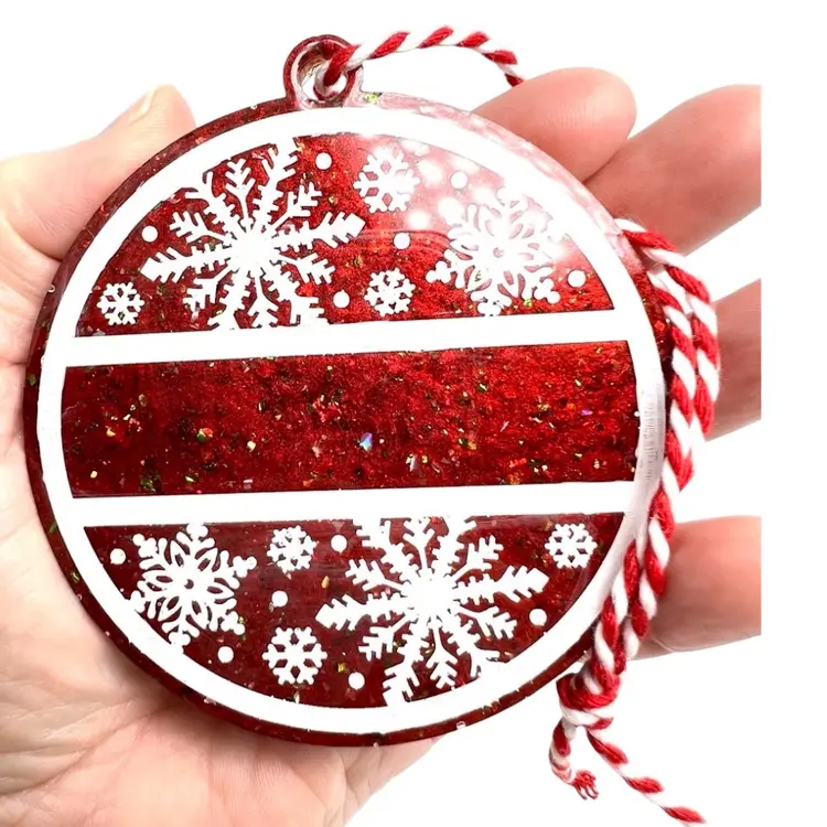 Red Glitter Resin 3-1/2” Ornament With Snowflake ❄️ Design And Blank Writing Space. Handmade by me 🫶
