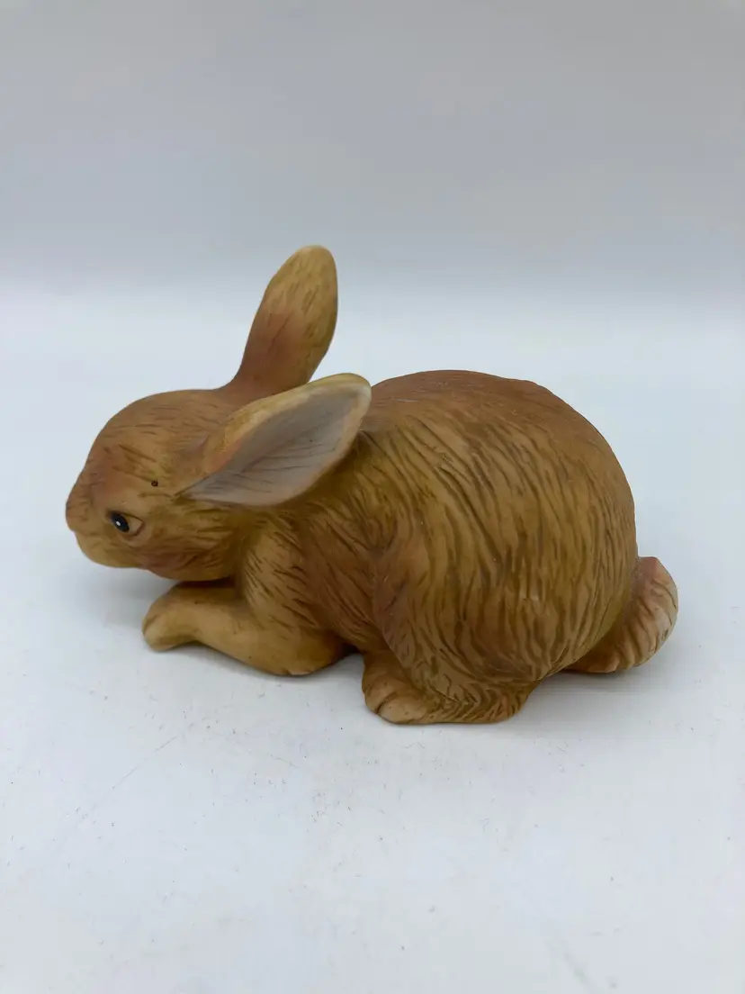 Lefton porcelain bunny figurine from the 1980s, lying brown rabbit