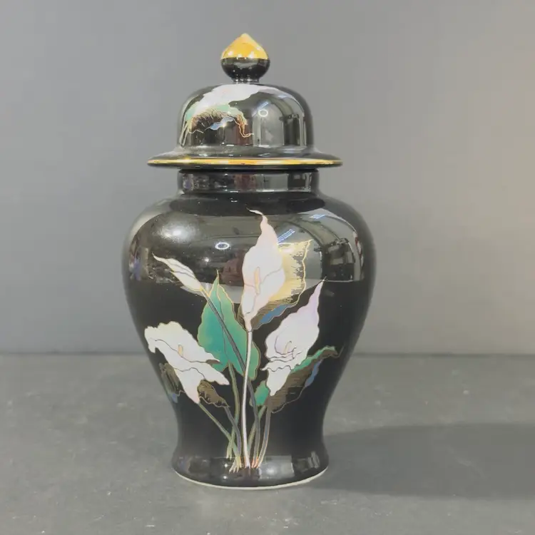 #1272 Black Ginger Jar, 6”, Lidded, Porcelain Ceramic, Calla Lily, Floral, Fine China, Japan,