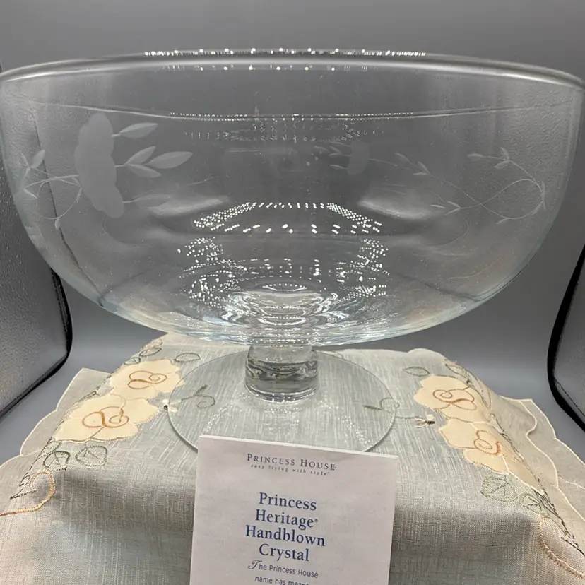 🐞Vtg Vintage Princess House Heritage Etched Crystal Pedestal Bowl 9.5x6.5