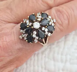 Vintage Gold Over Sterling Classic Cocktail Ring with Black and Clear Stones, Size 7