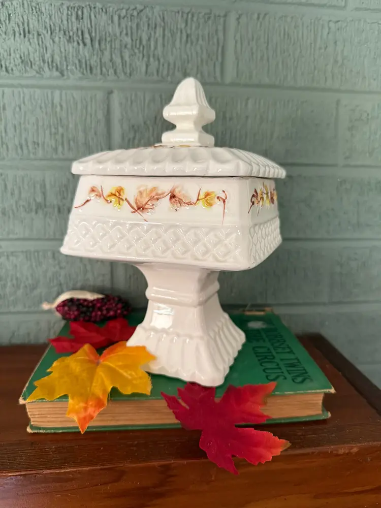 Vintage Ceramic Covered Pedestal Compote with Hand Painted Leaf Motif – 8.5 Inch Lidded Dish – Square Pedestal Candy Dish – Farmhouse Autumn Décor