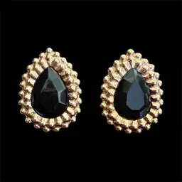 Vintage Gold Toned Black Multi Faceted Glass Teardrop Clip-on Earrings Aprox 1-3/4”
