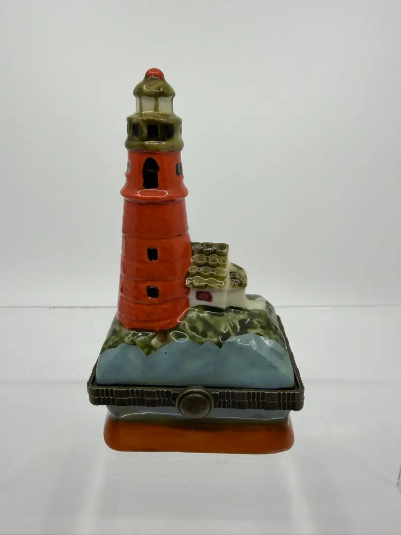 Vintage Red Lighthouse Hinged Lid Trinket Box
