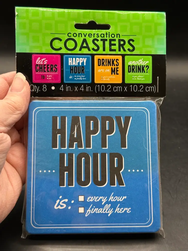 Party Conversation Reusable Coasters 4" x 4" Cheers Happy Hour Drinks Wooded NEW