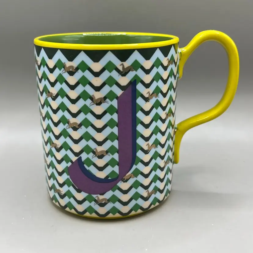 Anthropologie Parker Monogram Stoneware Micro Geo “J” Mug With Horses 4.25”