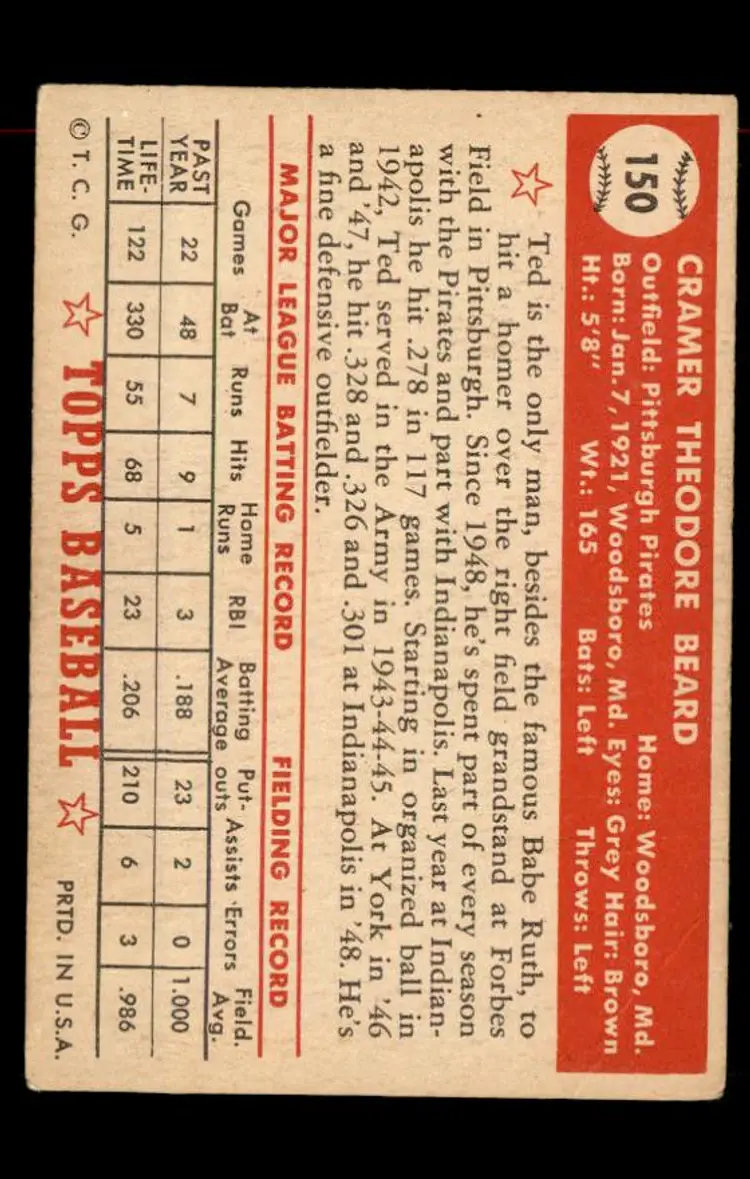 1952 Topps #150 Ted Beard - (pk-tl1) - Pittsburgh Pirates