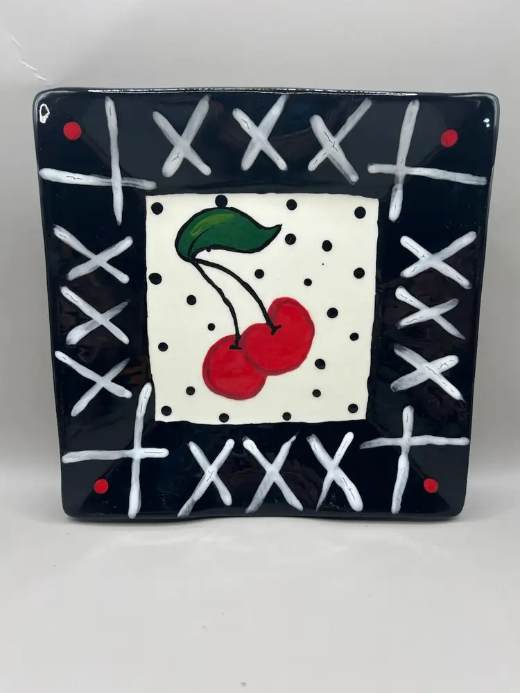 Glazed Ceramic Ruffled Dish Hand Painted Cherries 9”