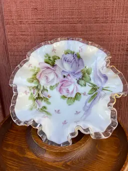 White Milk Glass Bowl with Ruffled Edge and Floral Design. No Maker Mark.