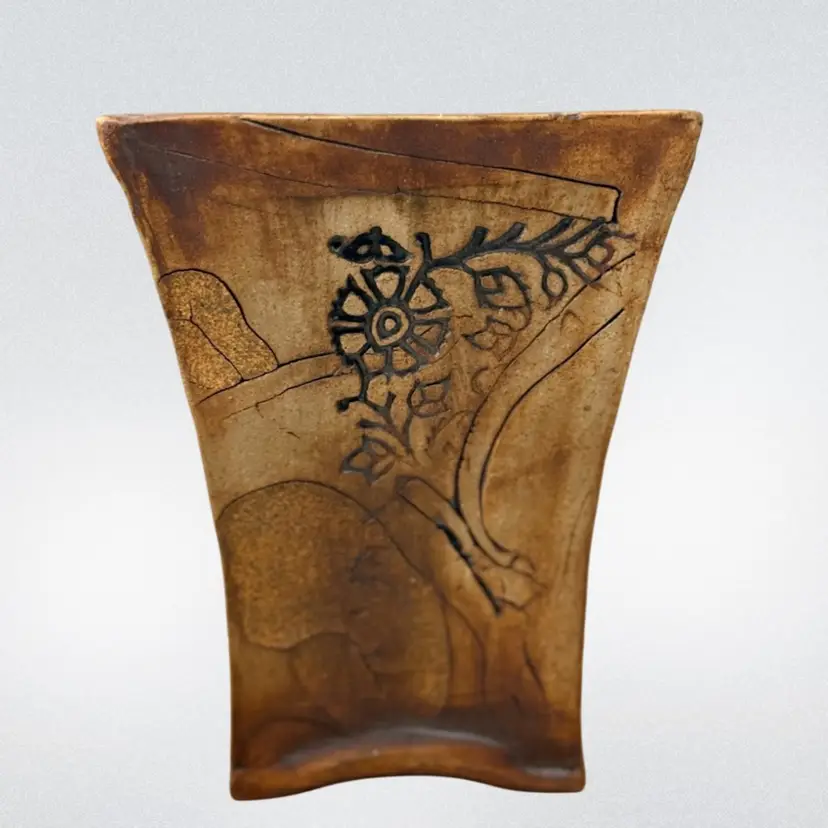 Pottery Vase Different Design on Each Panel Signed
5-3/4” T x 5-5/8” W